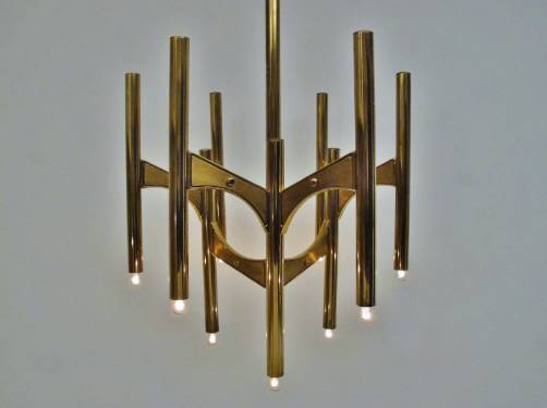 Gaetano Sciolari vintage Brutalist brass 9 light tubular chandelier, 1970`s Italian
